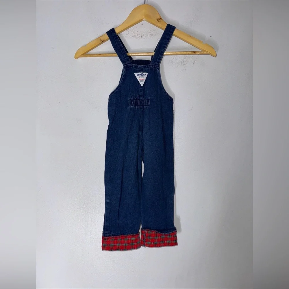 VINTAGE Child’s Kid’s OSHKOSH Denim Bib Overalls 2t Vestbak Red Plaid Cuff‎